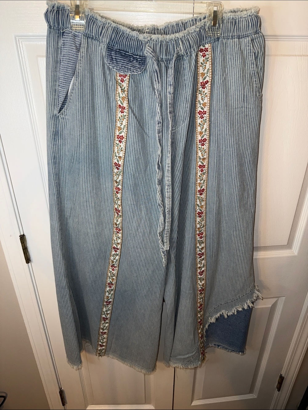 POL Light Blue Striped Wide-Leg Jeans Skirt with Floral Trim
